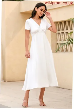 V-Neck Short Sleeves Midi Elegant Dresses Natalia Club Dresses A-line Satin