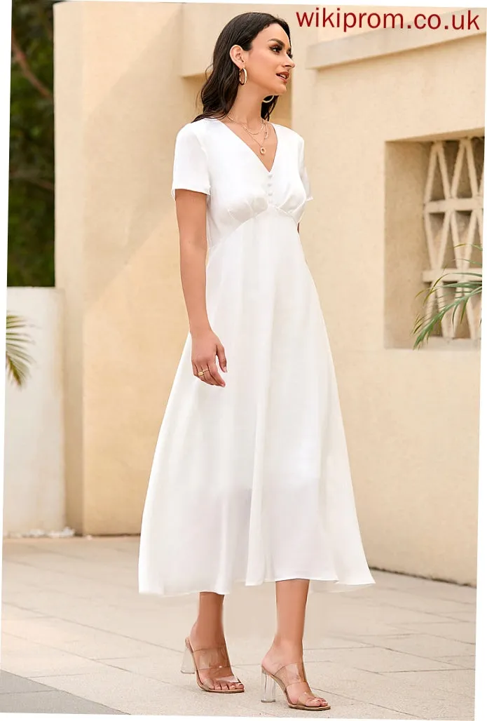 V-Neck Short Sleeves Midi Elegant Dresses Natalia Club Dresses A-line Satin