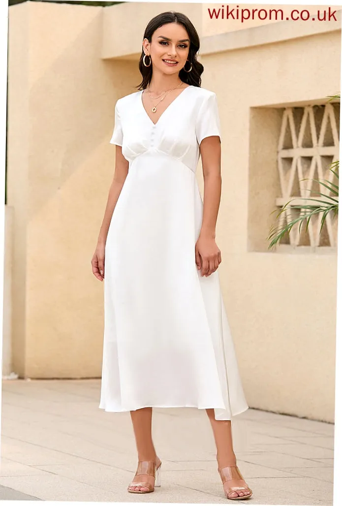 V-Neck Short Sleeves Midi Elegant Dresses Natalia Club Dresses A-line Satin