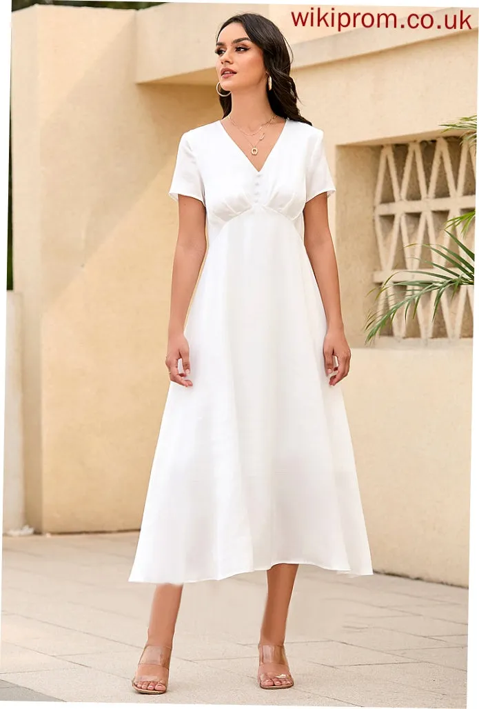 V-Neck Short Sleeves Midi Elegant Dresses Natalia Club Dresses A-line Satin