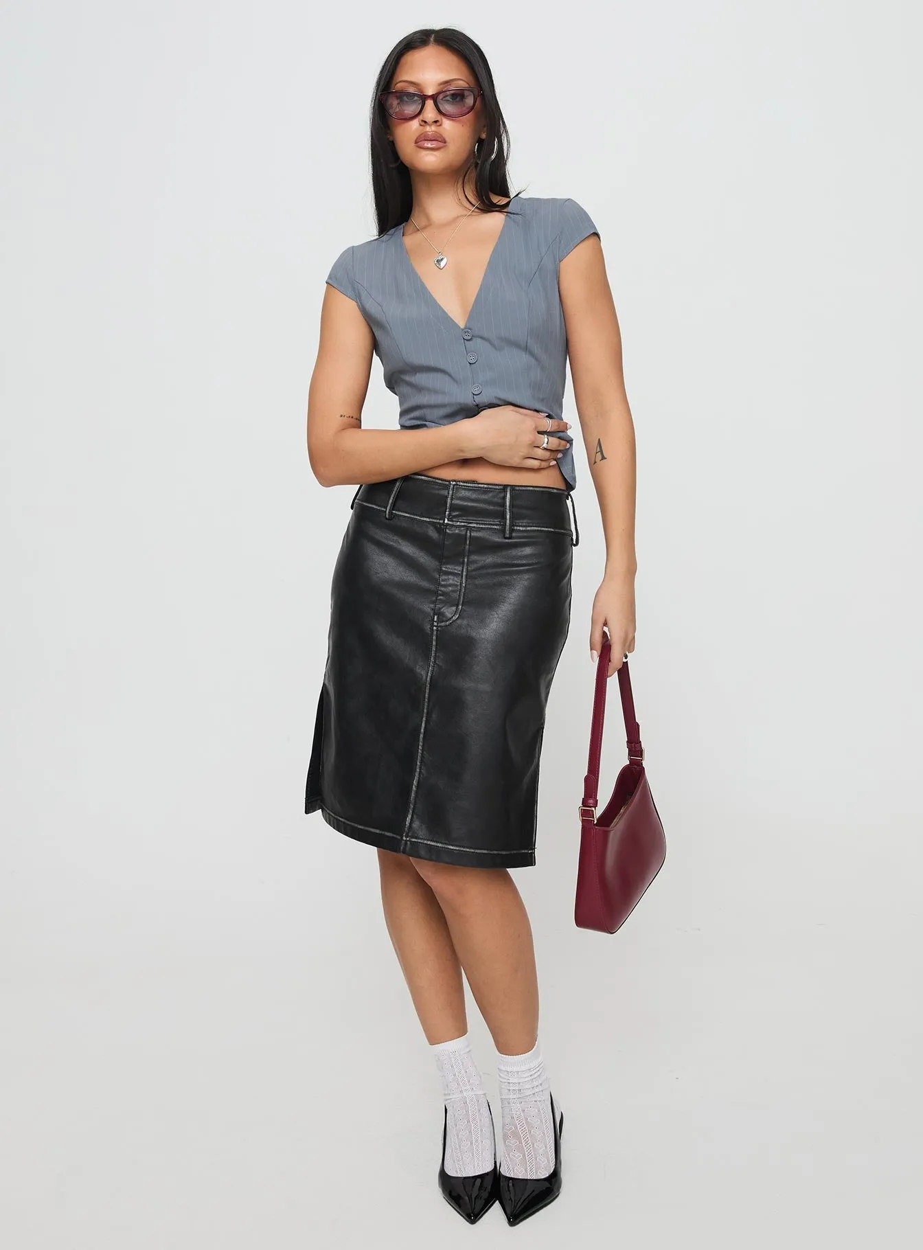 Vietta Faux Leather Midi Skirt Black