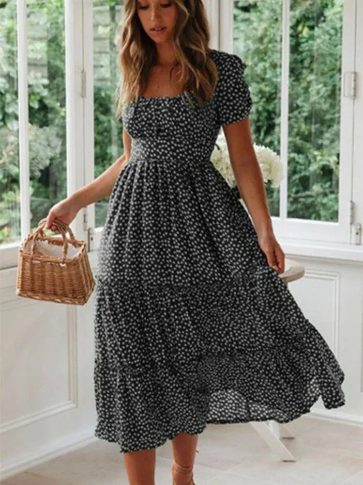 Vintage Print Puff Sleeve Beach Sweet Casual Square Collar Floral Maxi A-Line Dress