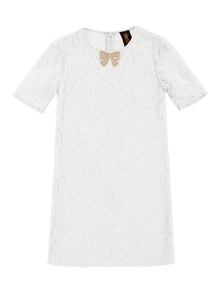 White Stretchy Lace Sleeved Holiday Fancy Party Shift Dress - Girls