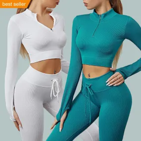 Women Sports Outfit Gym Fitness Long Sleeve Activewear Wear Workout 2 Pcs Set Elasticity Gym Workout Yoga sets For Women