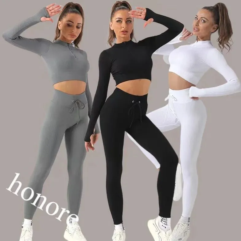 Women Sports Outfit Gym Fitness Long Sleeve Activewear Wear Workout 2 Pcs Set Elasticity Gym Workout Yoga sets For Women