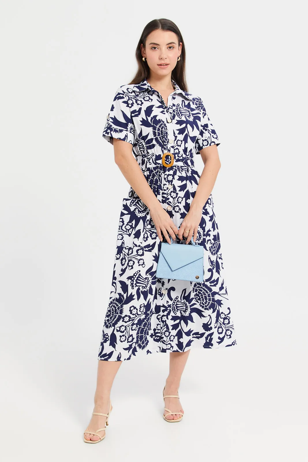 Women White And Blue Printed Shirt Dress With Belt