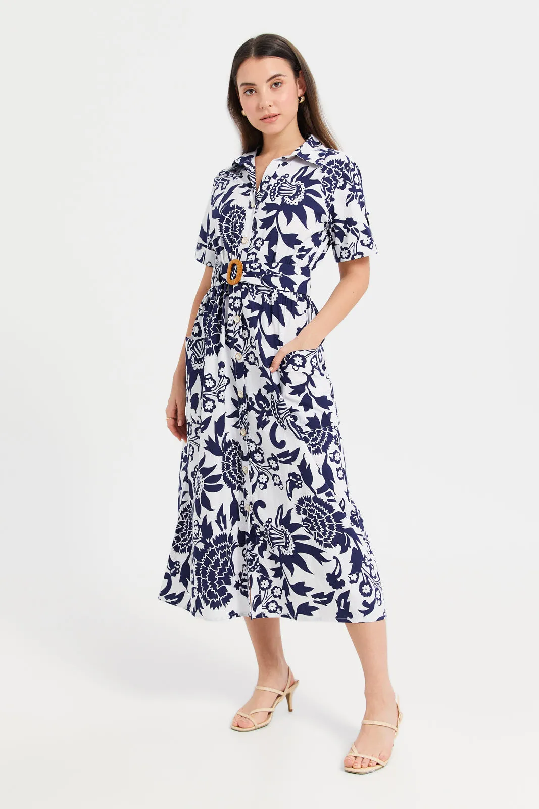 Women White And Blue Printed Shirt Dress With Belt