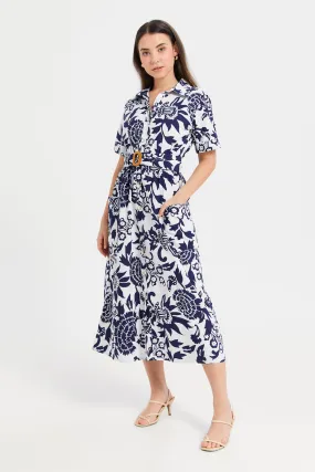 Women White And Blue Printed Shirt Dress With Belt