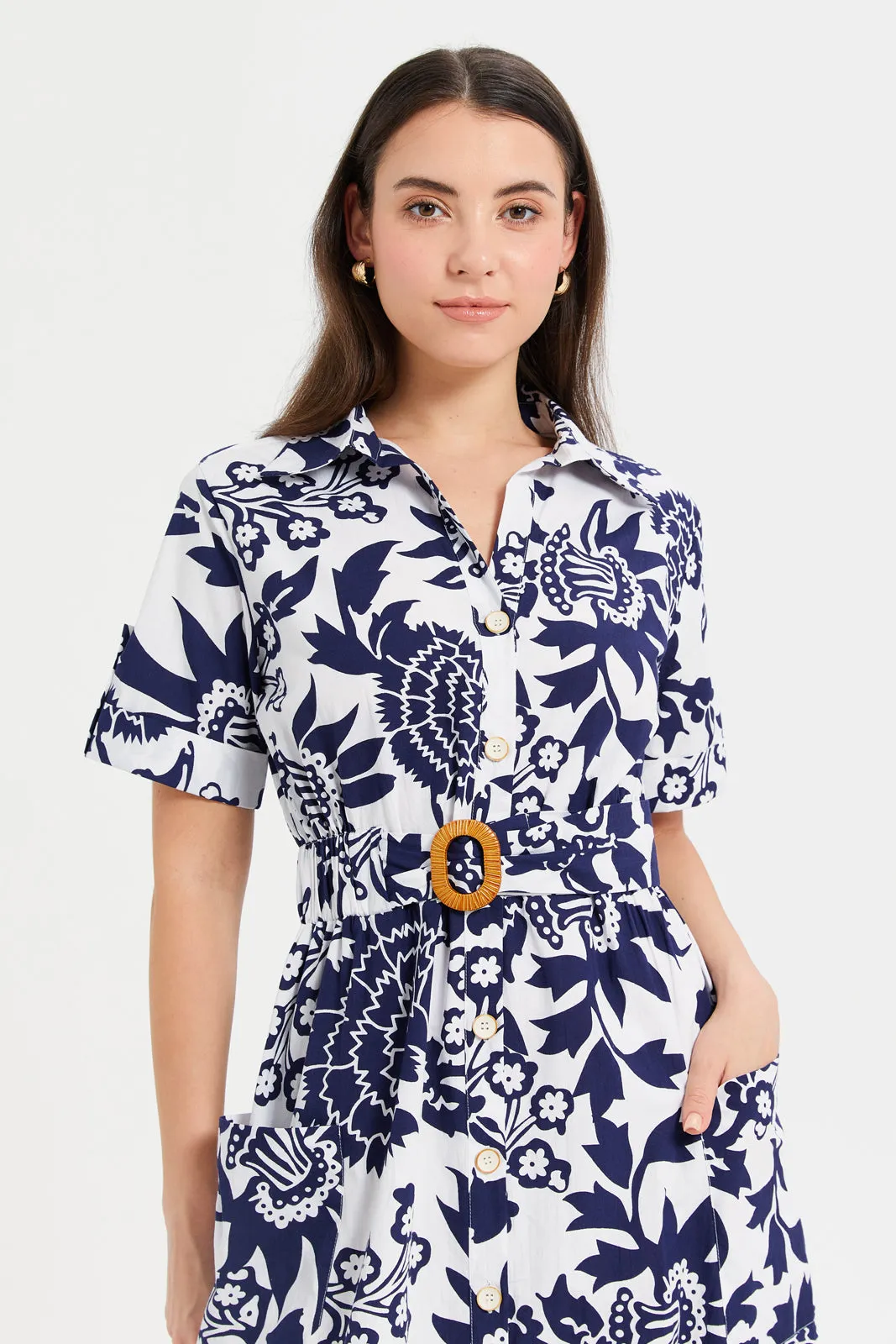 Women White And Blue Printed Shirt Dress With Belt