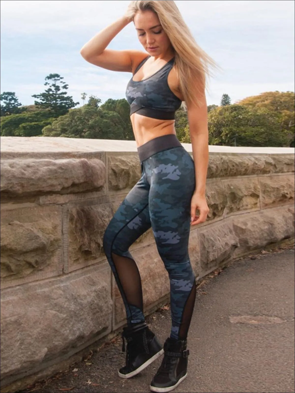 Women's Camo Print Sports Bra And Mesh Legging Set (3 color Options)